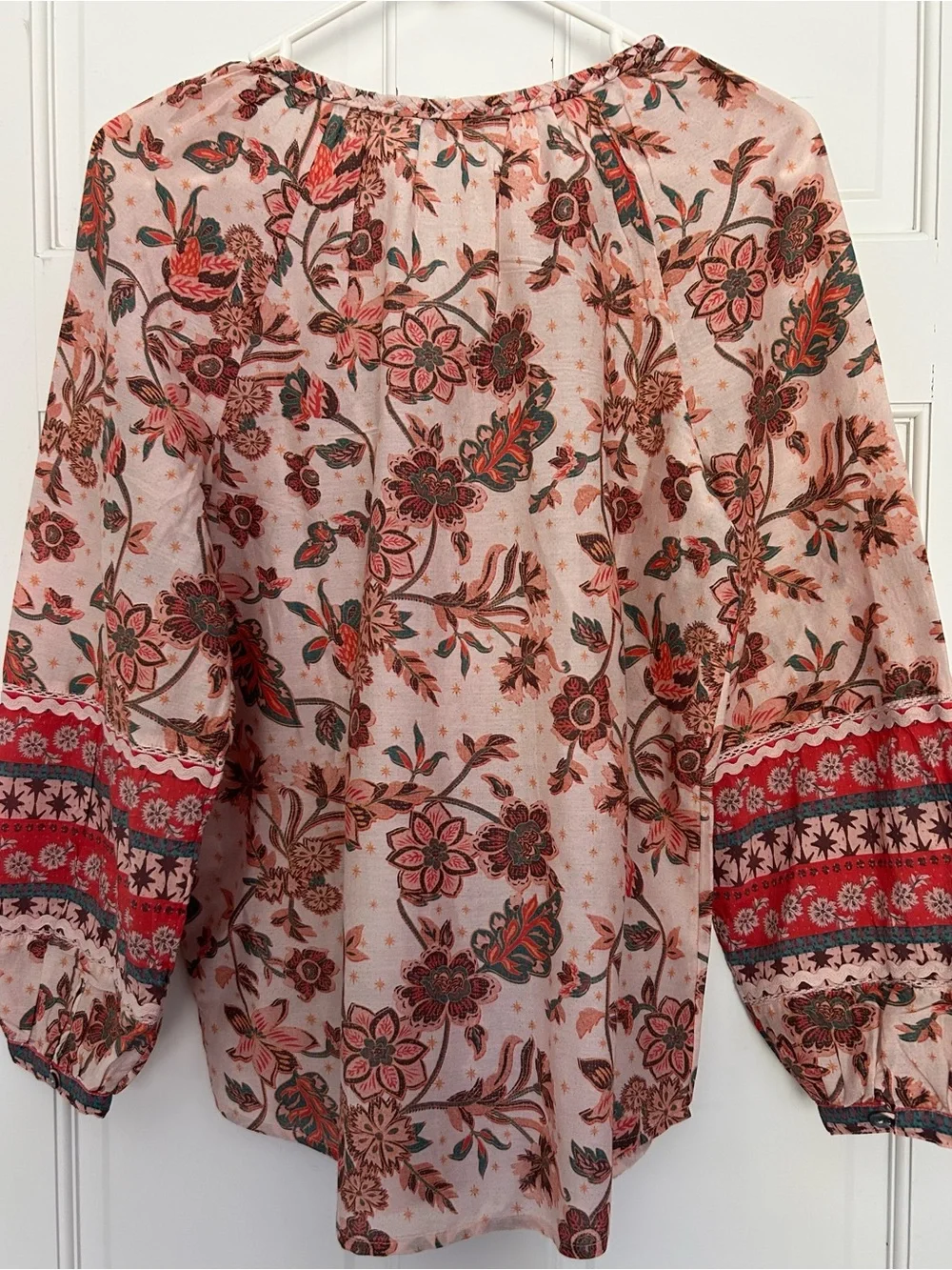Sundance Pink Floral Peasant Blouse with Red Trim. Lightweight tunic. - Picture 2 of 8